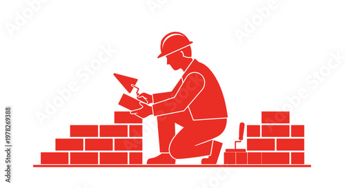 Man building brick wall structure.