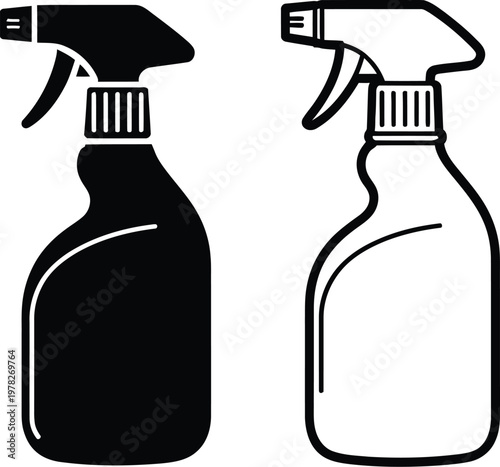 Spray bottles, illustration, vector set of cleaning and household use bottles for detergents sanitizers and surface cleaners in minimalist style.