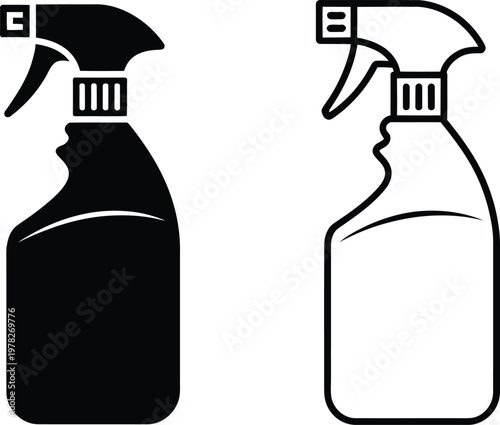 Spray bottles, illustration, black and white vector icons of spray bottles designed for cleaning household products sanitizing and homecare packaging design.