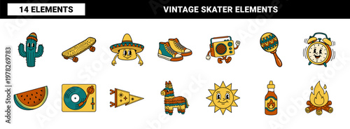 Retro Sombrero Skateboarder Cartoon Set