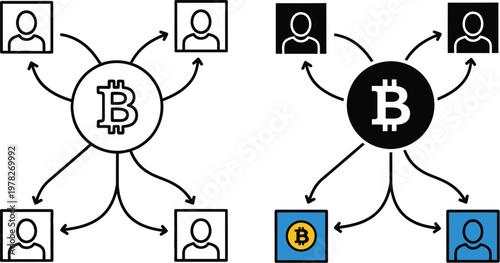 Bitcoin network transfer vector illustration showing cryptocurrency transactions between anonymous user accounts in a digital finance exchange system design