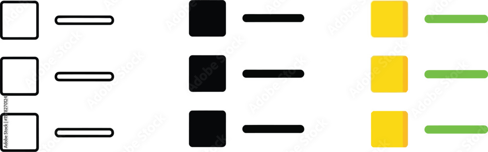 Fototapeta premium Checklist icon set vector illustration featuring square bullet points and line text placeholders for digital user interface design elements