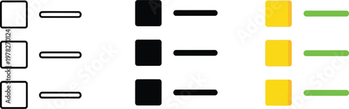 Checklist icon set vector illustration featuring square bullet points and line text placeholders for digital user interface design elements