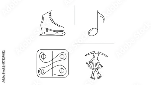 Iconic elements of figure skating: An illustration featuring a classic ice skate, a musical note, rink diagram, and figure skater dress.