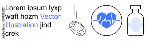 Finance, healthcare, medical technology, currency, wellness, investment. Coin and heartbeat with medical vial. Finance and healthcare economic health and medical care