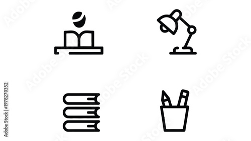 Study Icons Collection: An orderly arrangement of simple icons capturing the essence of study, featuring a pile of books, a focused desk lamp, and pens within a pot.