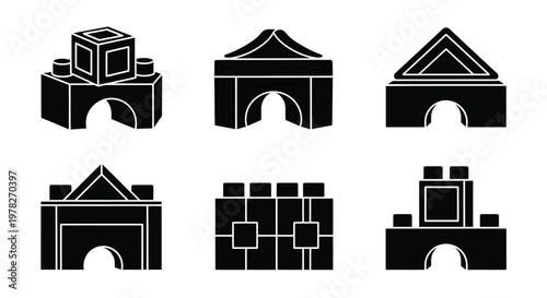 Black silhouettes depicting various arrangements of building blocks