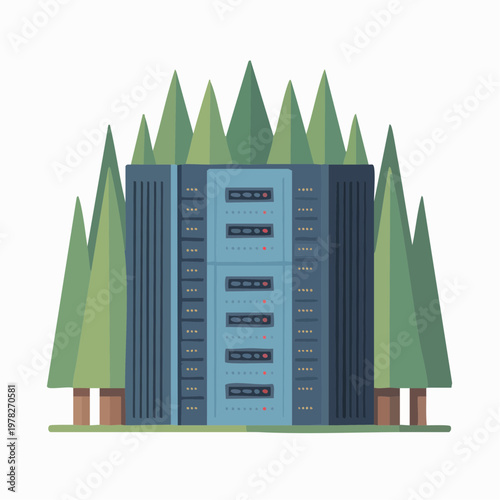 illustration of server room or data center surrounded by trees