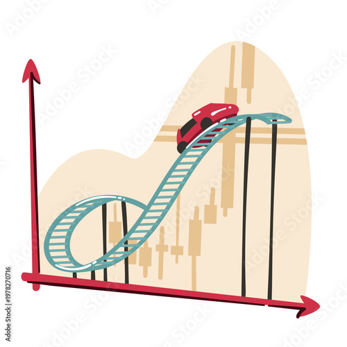 Roller coaster on market chart with rising track and small car, showing risk, volatility, excitement and emotional swings. Symbol of trading psychology and trader psychology, flat vector illustration.