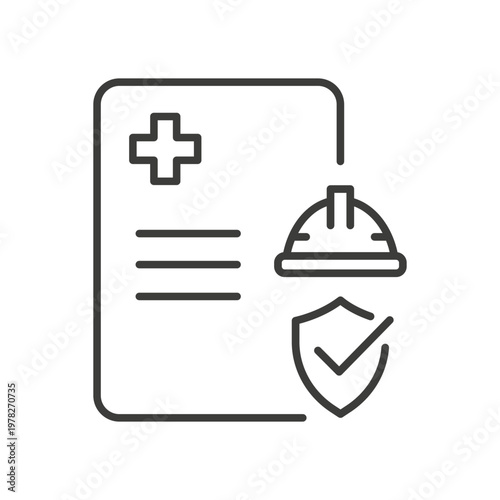 medical worker insurance icon, paper document, worker and shield, occupational safety and health concept, labor safety, injury coverage, line vector illustration