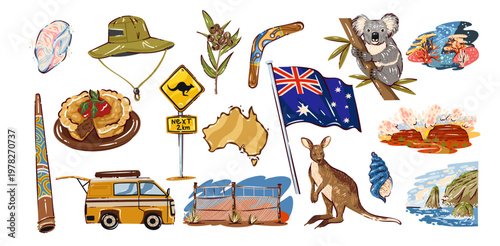 Travel to Australia wildlife set with kangaroo, koala, australian flag, boomerang, didgeridoo, outback road sign, van, coral reef, coastal rocks, bush plants, pie, cartoon vector illustration