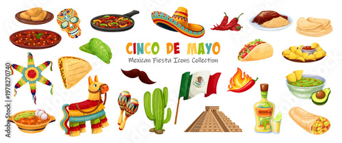 Cinco de Mayo icon set with tacos, sombrero, maracas, tequila, cactus, chili pepper and Mexican flag. Fiesta food and party symbols in a Cinco de Mayo collection, vector illustration.