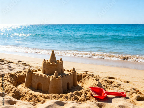 Sandcastle on a sunny beach with ocean waves. Summer vacation concept