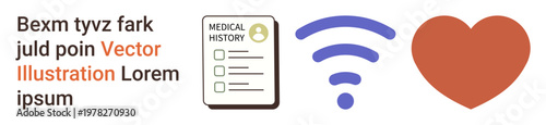 Healthcare technology, digital records, medical data, telemedicine, connectivity, health monitoring. Medical history checklist, wireless signal heart icon. Healthcare technology and digital records