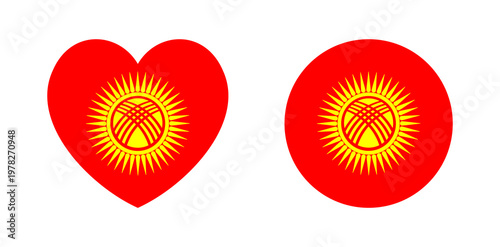 Flag of Kyrgyz round, heart badge, button. National circle, heart Flag of Kyrgyz sticker, icon. Kyrgyzstan republic flag banner, background in heart, circular shape. Kyrgyzstan flag symbol.