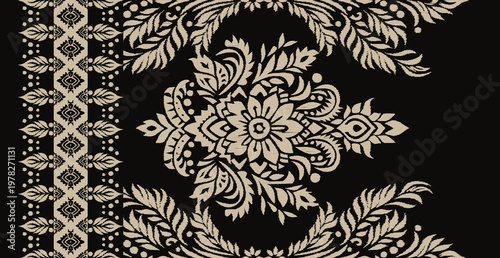 Classic Ikat Floral Seamless Vector Background, Ornate Tribal Damask Ornament in Cream and Black, Traditional Middle Eastern Border Pattern for Luxury Fabric, Saree, and Interior Wallpaper Decoration.