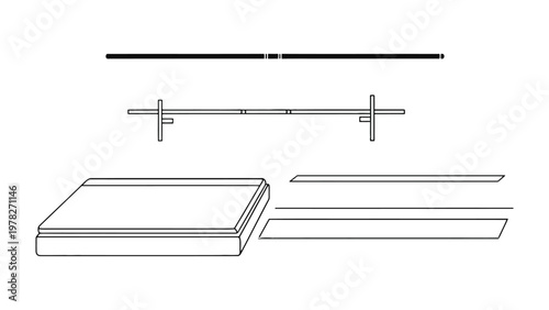 Assembled Furniture: Conceptual minimalist line art showcasing a disassembled bed frame, evoking themes of home decor, DIY projects, and simplicity. 