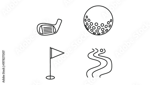 Golf Elements: A set of essential golf elements, including a club, ball, flag and fairway, captured in simple, clean line art.