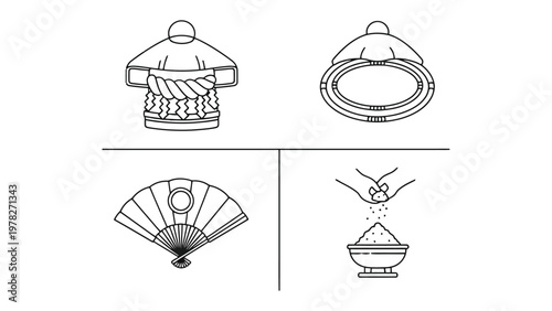 Sumo Traditions: Detailed illustrations capture elements of the time-honored sport of sumo wrestling. Depicting the various components that represent its heritage and rituals.