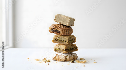 A creative tower of stacked Middle Eastern and Mediterranean pastries — baklava, filled cookies, and sesame halva — on a white surface.