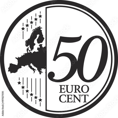 50 Euro Cent Coin Map of Europe Silhouette currency