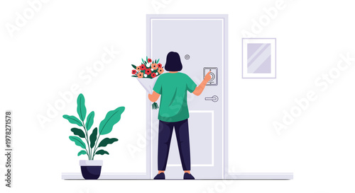 Woman standing at a modern white front door and ringing the doorbell while holding a beautiful bouquet of colorful flowers for a surprise.