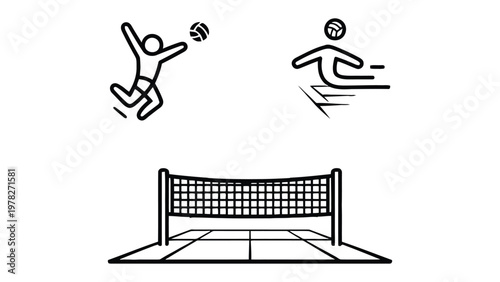 Volleyball Line Art Icons: Simple and stylish volleyball line art icons representing the game, its dynamics and core elements. 