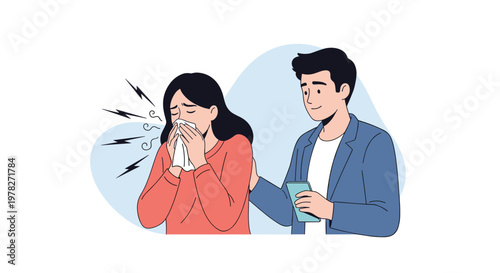 Concerned man offering support to a woman who is sneezing into a tissue during a cold or allergy season in a simple and empathetic scene.