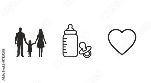 Family icon, baby bottle with pacifier and heart symbol
