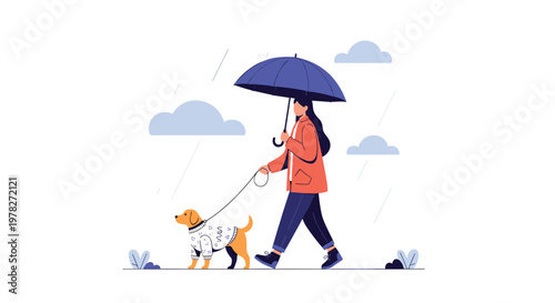 Woman walking her dog in a stylish white sweater during a rainy day while holding a blue umbrella and wearing warm autumn clothes.