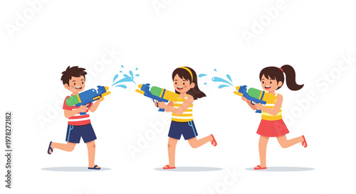 Group of happy children having fun playing with colorful water guns outdoors on a sunny day during summer vacation time in the backyard.