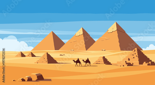 Iconic Great Pyramids of Giza standing in the vast Egyptian desert under a clear blue sky with travelers riding camels in the distance.
