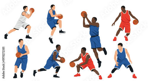 Group of professional basketball players in different action poses like shooting, dribbling, and jumping during a competitive team sports match.