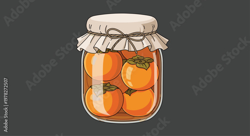 Large glass jar filled with preserved or pickled bright orange persimmons with a cloth lid tied with a string on a dark background.