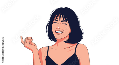 Happy young woman with short black hair and bangs smiling brightly while looking sideways against a plain white background.
