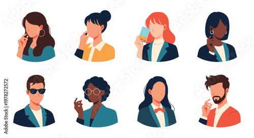 Large collection of diverse male and female avatars with different hairstyles, accessories, and clothing styles for social media profiles.