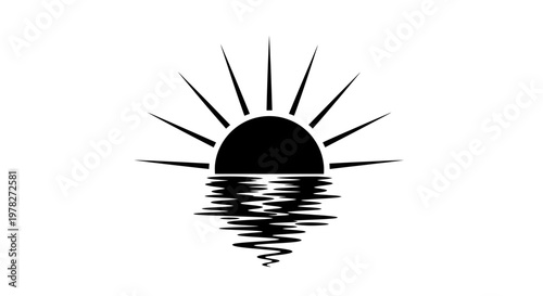 Stylized sun rising over water a striking black silhouette