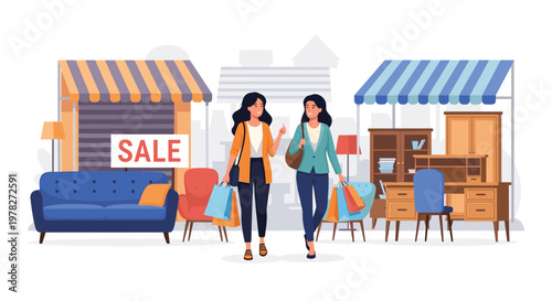 Two happy female friends carrying shopping bags while walking past outdoor furniture displays with a large sale sign in the background.