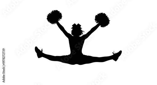 Cheerleader performs a split jump with pom poms a striking silhouette