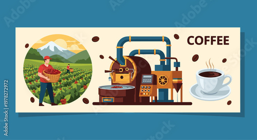 Informative banner showing coffee production stages from harvesting red beans on a plantation to roasting and serving a fresh cup of coffee.