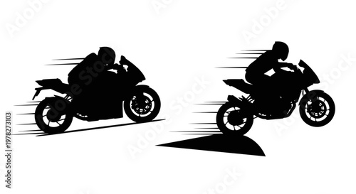 Two speeding motorcycles captured in a dramatic black silhouette