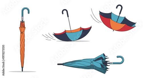 Collection of umbrellas in different states like closed, opening, and falling to represent various weather conditions and household objects.
