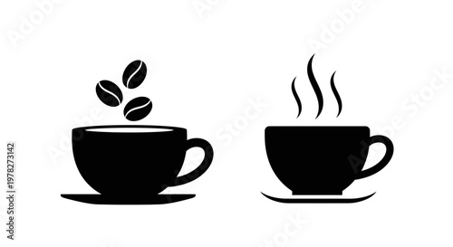 Coffee beans and steaming cups a simple black graphic silhouette