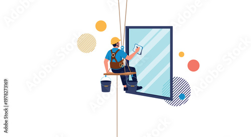 Skilled industrial worker cleaning a large window at high altitude using professional gear, a harness, and cleaning tools against abstract shapes.