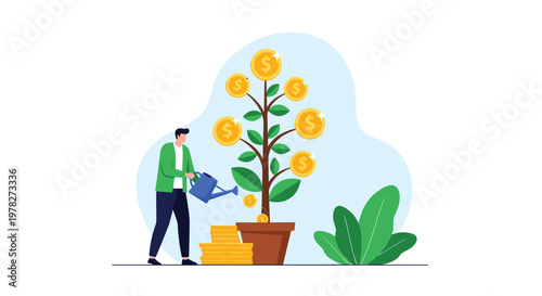 Ambitious businessman in a green jacket watering a large money tree with gold coins growing on it, representing financial growth and investment.