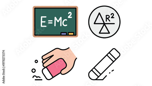 Concepts of Education: A collection of educational icons, including the blackboard, the formula, the eraser, and various mathematical symbols.