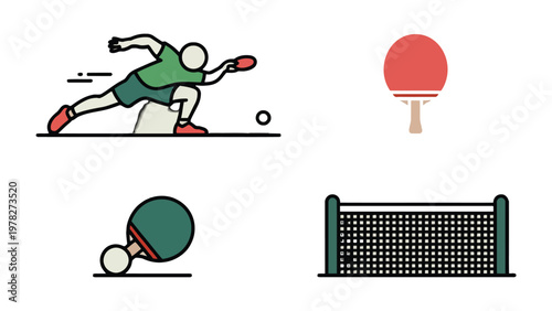 Ping Pong Icons: A collection of dynamic icons capturing the essence of the game, including player action, paddle detail, ball, and net, ideal for sports-themed designs and projects.