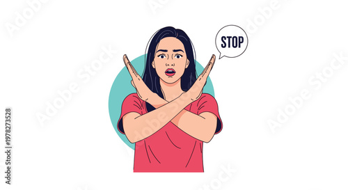 Serious young woman crossing her arms in an X shape and saying stop with a speech bubble to express refusal or disagreement.
