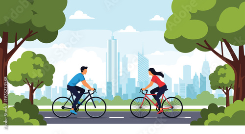 Active young couple riding bicycles on a path in a beautiful city park with tall modern skyscrapers in the urban background.
