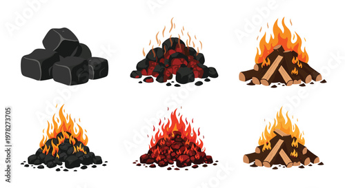 Graphical set of various types of fires including burning coals, glowing embers, and traditional wood campfires on white.